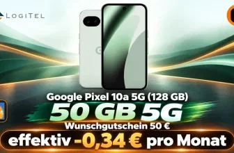 Logitel-Anzeige mit Google Pixel 10a 5G, 50 GB 5G-Flat und effektivem Preis von -0,34 € pro Monat