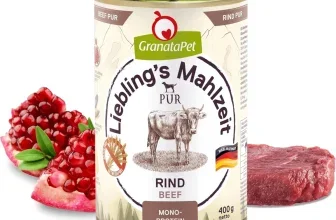 GranataPet Dose mit Rind-Abbildung, daneben Granatapfel und rohes Fleisch