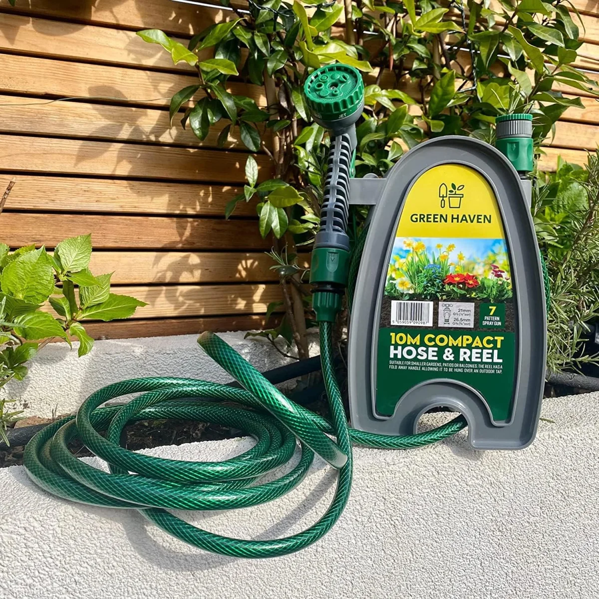 Green Haven leichte Gartenschlauchtrommel (10 m kompakte Schlauchtrommel mit 7 verstellbaren Spritzpistolendüsen)