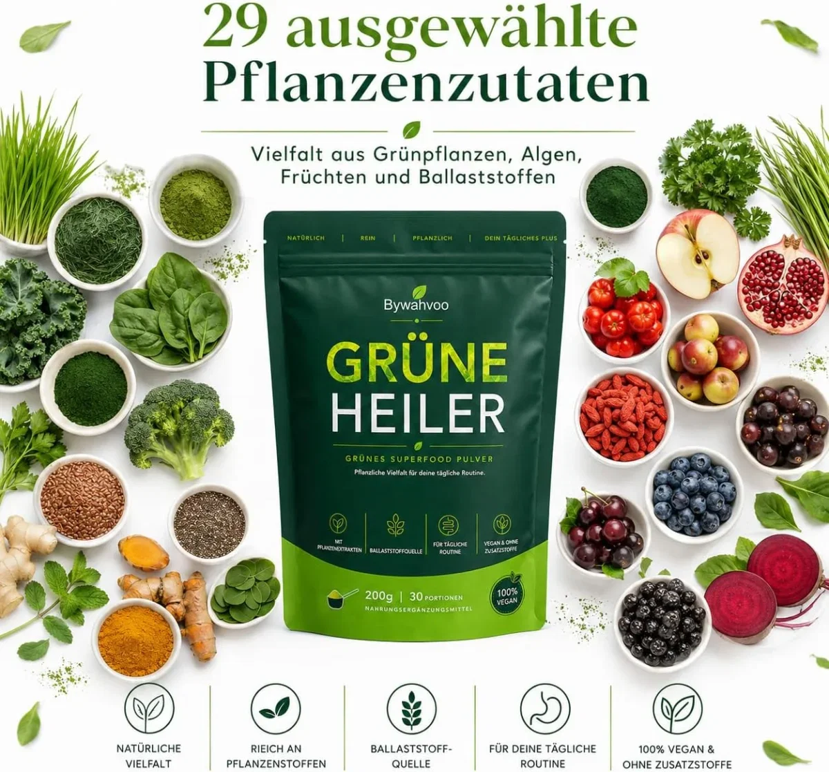 Vegane Greens-Mischung mit Gerstengras, Matcha, Spirulina und Chlorella