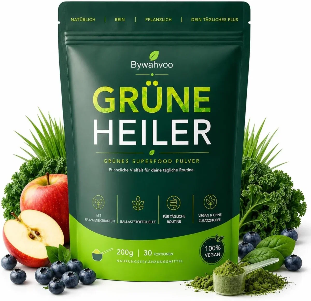 Grünes Entgiftungspulver mit Matcha Gerstengras Spirulina & Heidelbeeren
