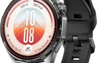 Schwarze Huawei Watch GT 7 mit Sportdisplay und Nahaufnahme des Armbands
