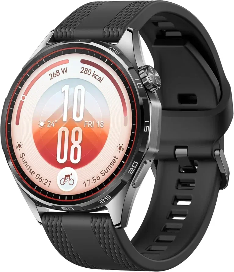 Schwarze Huawei Watch GT 7 mit Sportdisplay und Nahaufnahme des Armbands