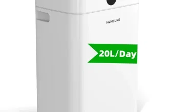 Weißer HUMSURE Luftentfeuchter mit schwarzem Display, das 50 anzeigt, und grünem 20L/Day-Aufkleber