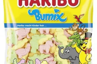 Gelbe Haribo Bumix-Tüte mit bunten Tier-Gummibärchen und Cartoon-Tieren