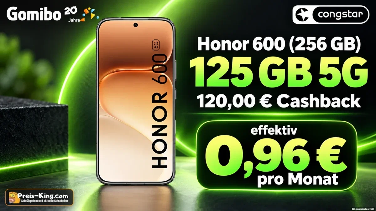 Gomibo: Honor 600 (256 GB) + 120,00 € Cashback + congstar Allnet-Flat 125 GB 5G für 24,00 € / Monat + 5,95 € einmalig