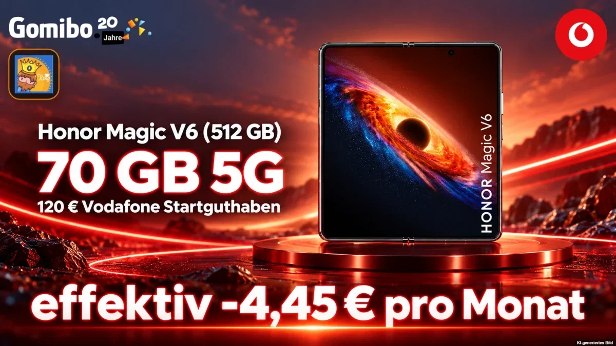 Gomibo: Honor Magic V6 (512 GB) + 120 € Vodafone Startguthaben + Vodafone Allnet-Flat 70 GB 5G für 34,99 € / Monat + 843,95 € einmalig