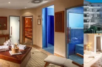 Kollage mit Wellnessbereich, Saunazugang, Hotel-Fassade, Lobby und zwei Hotelzimmern