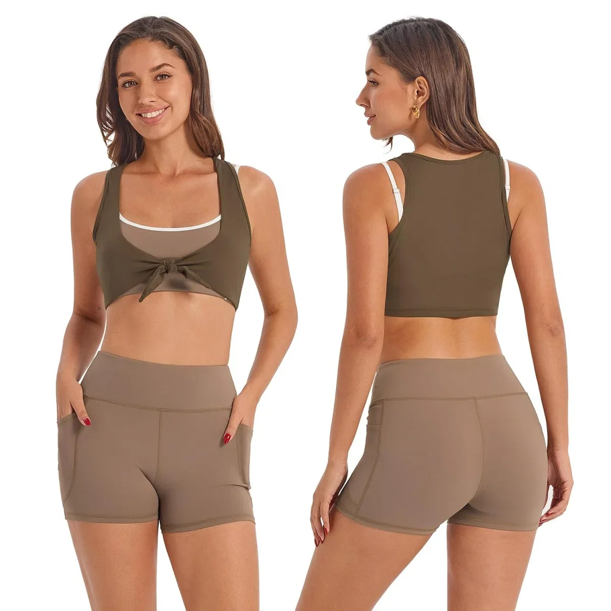 IDOPIP Gym Set für Damen mit Wickeloberteil und kurzer Leggings mit Taschen
