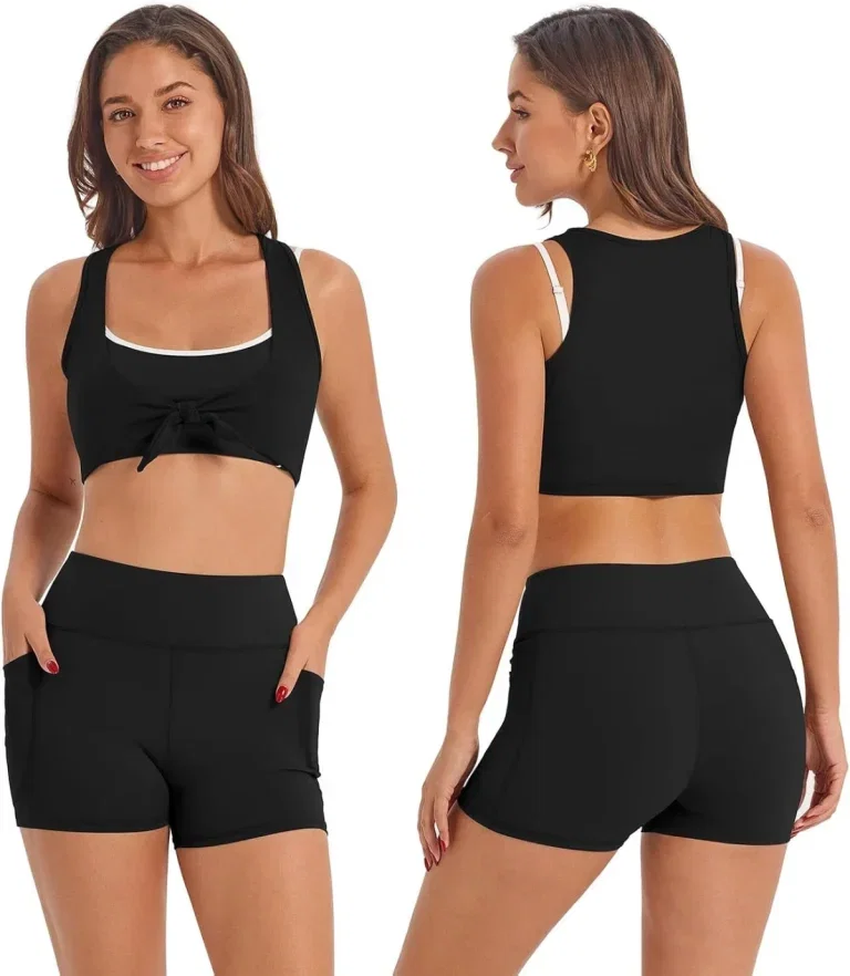 IDOPIP Sport-Set Damen mit Sport-BH, Wickeloberteil und High-Waist-Shorts