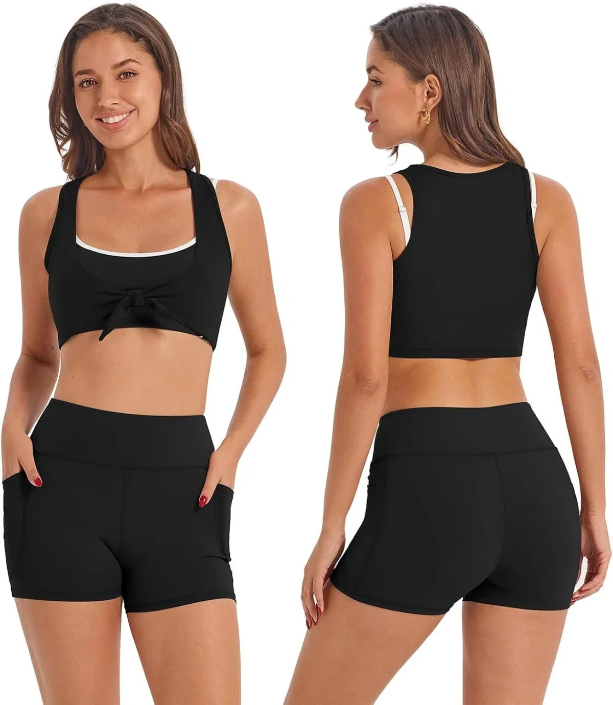 IDOPIP Sport-Set Damen : Gym Set mit Sport BH Wickeloberteil Shorts mit Taschen (3-teilig, Gr. XS bis L, 3 Farben)