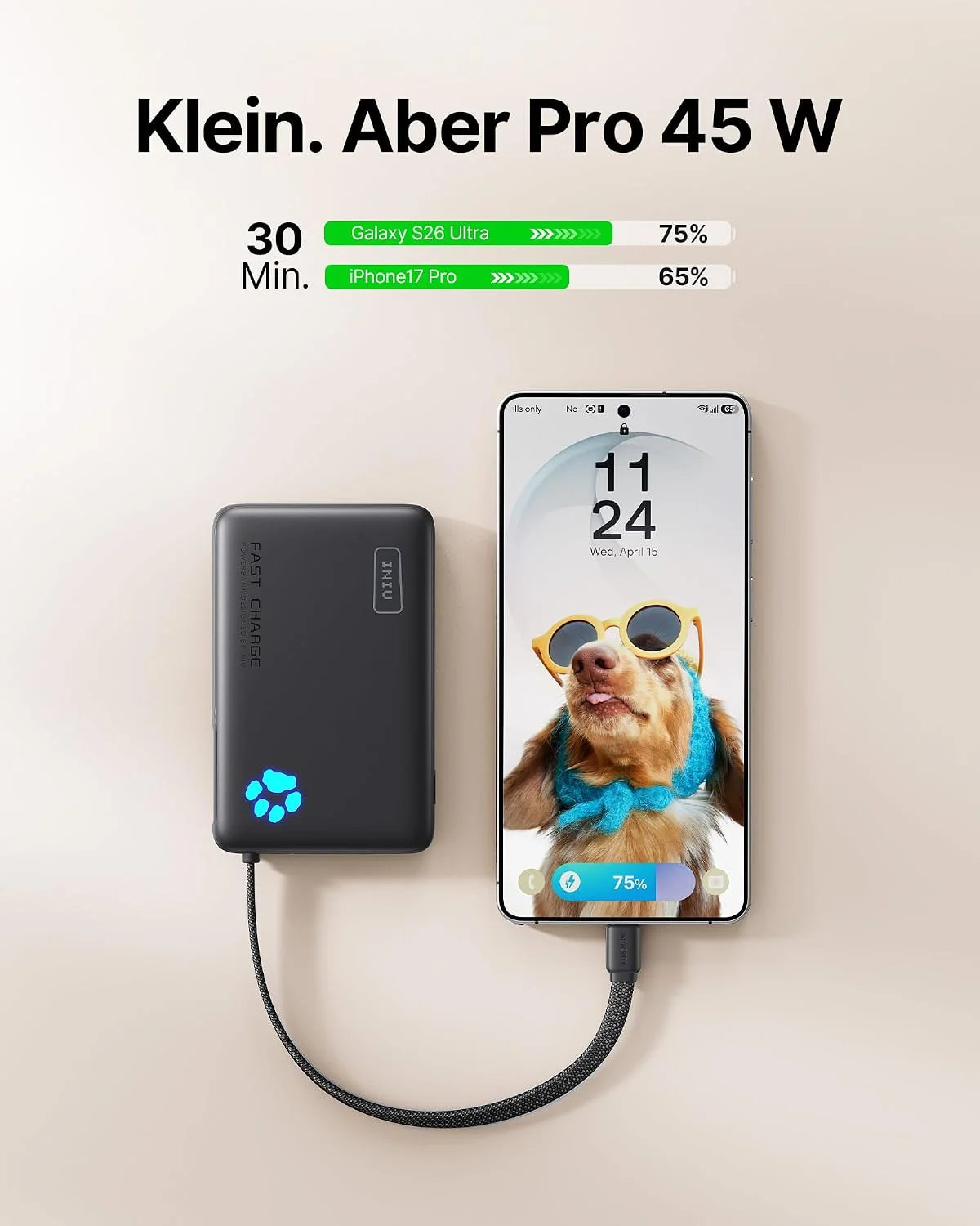 INIU 45W Power Bank (10000mAh mit Integriertem USB-C Kabel)
