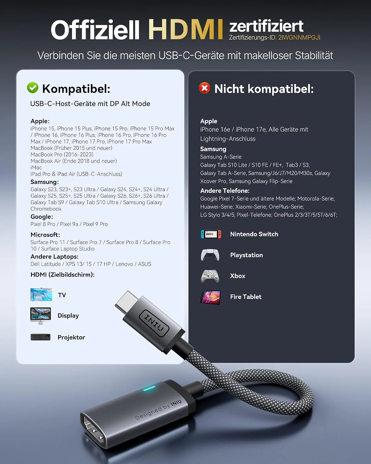 INIU HDMI Adapter für USB-C-Geräte mit DP Alt Mode