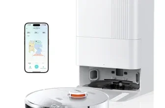 JONR T5 Pro Saug- und Wischroboter mit weißer Ladestation und Smartphone-App-Ansicht