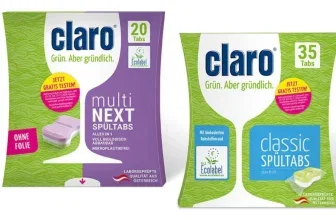 Zwei Beutel Claro Spültabs: Multi Next und Classic. Grün und lila Verpackungen mit Gratis-Testen-Aufkleber.
