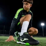 Junge in schwarzer Sportkleidung mit grünen Akzenten hockt auf Kunstrasen und zeigt einen schwarzen Joma Fußballschuh.
