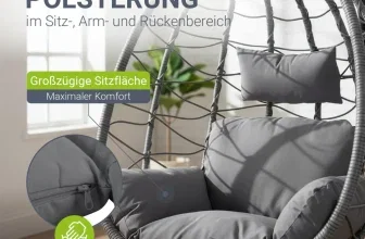 Grauer Korbhängesessel mit Polstern und Detailansicht des abnehmbaren Bezugs