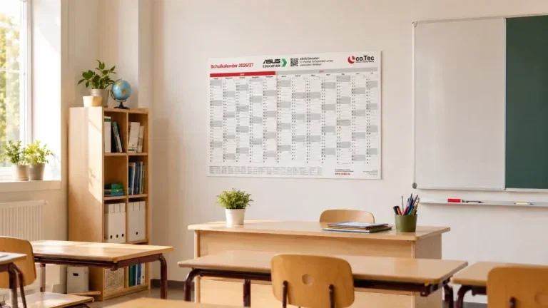 co.Tec Schulkalender 2026/27 an der Wand eines hellen Klassenzimmers