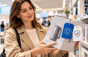 Kundin hält beim Einkauf ein Produkt mit EU-inspiriertem Hinweis auf gesetzliche Gewährleistung und zusätzliche Garantie im Geschäft