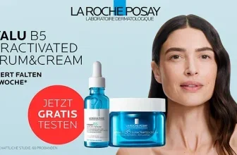 La Roche-Posay HYALU B5 Serum und Creme mit Modell und rotem Gratis-Testen-Aufkleber
