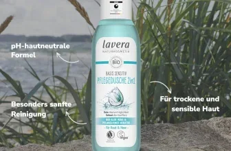 Lavera Basis Sensitive Pflegedusche 2in1 Flasche auf Stein mit Text: pH-hautneutral, sanfte Reinigung, für trockene Haut