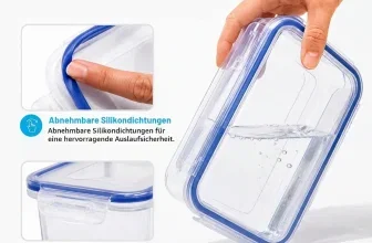 Hand hält LocknLock Dose mit Wasser schräg; Detailansicht Dichtung und Verschluss
