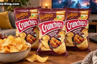 Drei Lorenz Crunchips Tüten und eine Schale Chips auf einem Holztisch