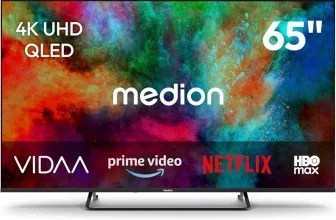 Medion 65 Zoll QLED-Fernseher mit Logos von VIDAA, Prime Video, Netflix und HBO Max