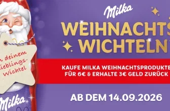 Milka Weihnachts-Wichteln: Santa-Clown-Figur mit Stern-Tag und Aktionsdetails