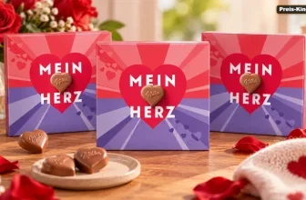 Drei Milka Mein Herz Pralinenboxen auf einem Holztisch, umgeben von Rosen und herzförmigen Pralinen.