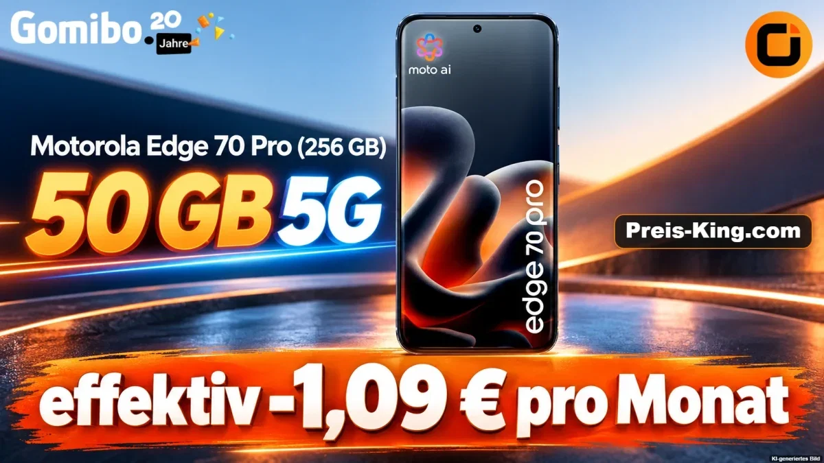 Gomibo: Motorola Edge 70 Pro (256 GB) + otelo Vodafone Allnet-Flat 50 GB 5G für 19,99 € / Monat + 5,95 € einmalig