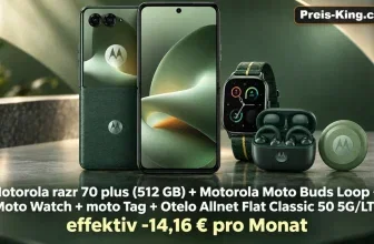 Motorola razr 70 plus, Moto Buds Loop, Watch und Tag im grünen Sparpaket mit Preisangabe