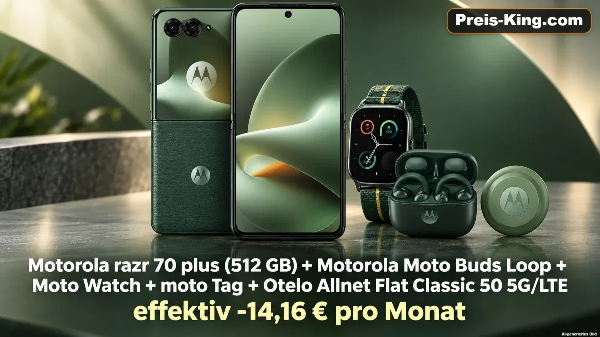 Sparhandy: Motorola razr 70 plus (512 GB) + Motorola Moto Buds Loop + Otelo Allnet Flat Classic 50 5G/LTE für 19,99 € / Monat + 146,93 € einmalig