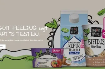 Drei vegane MyLove-MyLife-Produkte: Kefir-Karton, Bifidus-Becher und Super Fruits-Becher mit QR-Code.