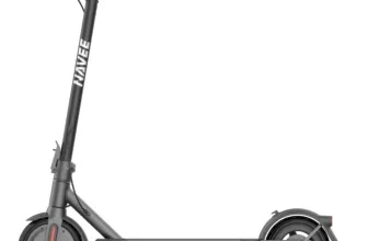 Grauer NAVEE EasyRide 20 E-Scooter im Profil mit Detailansichten von Lenker und Rädern