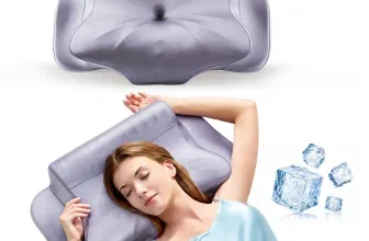 Graues Memory-Foam Nackenkissen mit Schlaffrau und Eiswürfeln, OEKO-TEX und CertiPUR-US Siegel