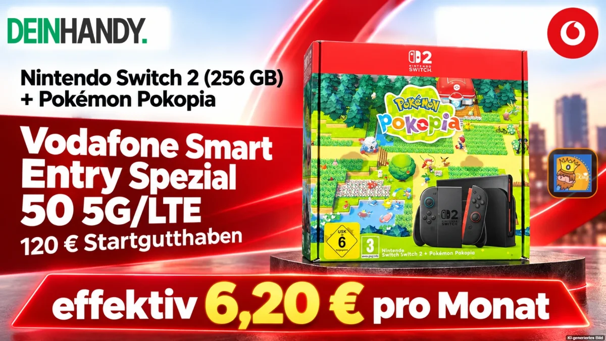 DEINHANDY: Nintendo Switch 2 (256 GB) + Pokémon Pokopia + 120 € Startguthaben + Vodafone Smart Entry Spezial 50 5G/LTE für 29,99 € / Monat + 47,98 € einmalig