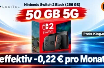 Nintendo Switch 2 Black in der Verpackung mit Logitel- und otelo-Logo sowie 50 GB 5G-Angabe