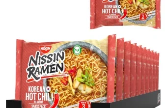 Nissin Ramen Korean Hot Chili Snack Pack 10er Box mit roter Verpackung und Nudelabbildung