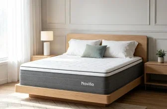 Novilla Matratze auf Holzrahmen im Schlafzimmer mit Kissen und Nachttisch