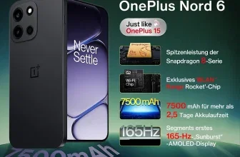 OnePlus Nord 6 in Schwarz mit Kameramodul und Feature-Liste auf grünem Hintergrund