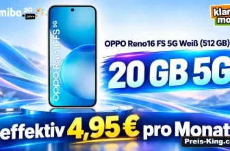 OPPO Reno16 FS 5G in Weiß mit 512 GB Speicher, 20 GB 5G Datenvolumen und Preisangabe von 4,95 Euro pro Monat.