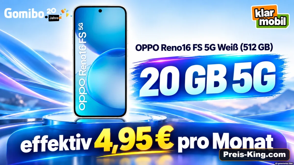 Gomibo: OPPO Reno16 FS 5G Weiß (512 GB) + klarmobil Telekom Allnet-Flat 20 GB 5G für 32,99 € / Monat + 5,95 € einmalig