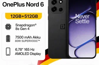 OnePlus Nord 6 5G Smartphone mit 12GB RAM und 512GB Speicher, Snapdragon 8s Gen 4, 7500 mAh Akku und 6,78 Zoll Display.