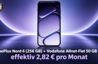 OnePlus Nord 6 Smartphone vor lila Hintergrund mit Gomibo-Logo und Preisangabe