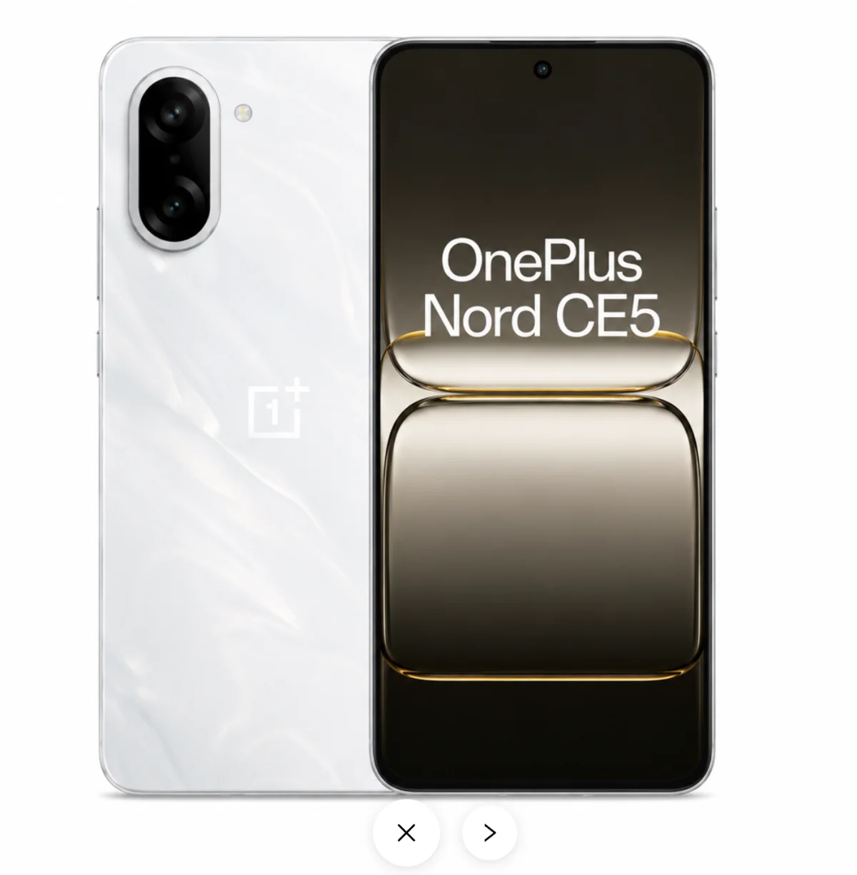 Weißes OnePlus Nord CE5 5G Smartphone mit Rückseite und Displayansicht auf weißem Hintergrund
