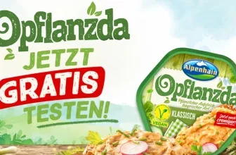 Alpenhain Opflanzda veganer Aufstrich in grüner Verpackung neben großem Gratis-Testen-Schriftzug