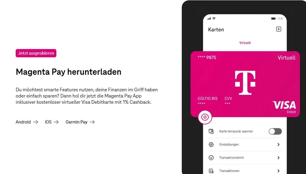 Magenta Pay App mit virtueller Visa Debitkarte und 1 Prozent Cashback
