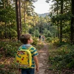 Junge mit gelbem Pikachu-Rucksack auf Waldweg