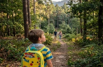 Junge mit gelbem Pikachu-Rucksack auf Waldweg